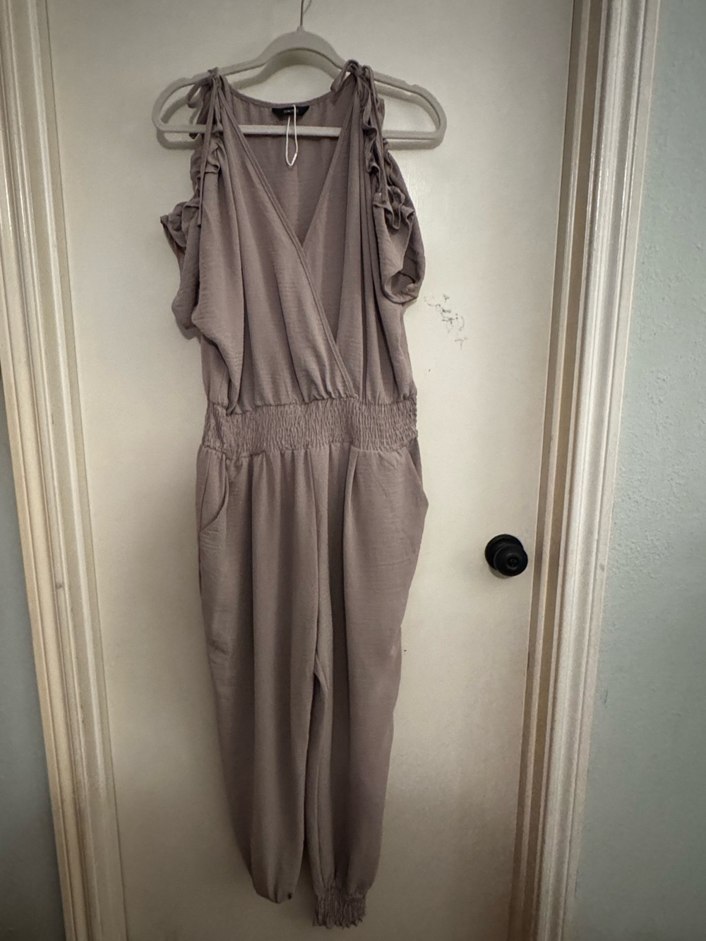 Women’s Taupe Cold-Shoulder Jumpsuit